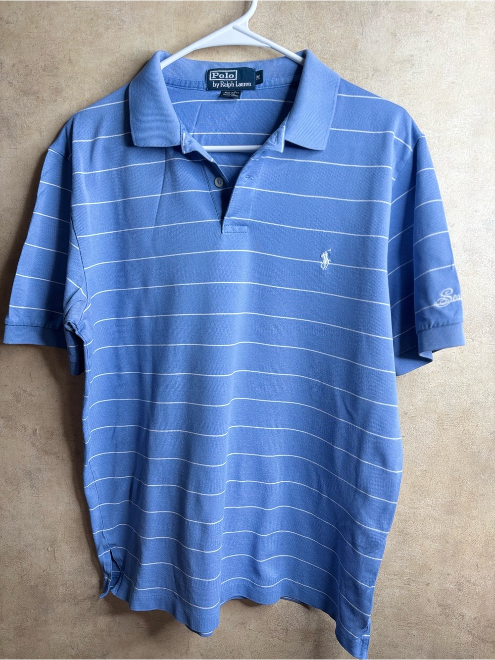 VTG Polo Ralph Lauren Golf Shirt Men M Blue Striped Pima Cotton Sea Island Ga